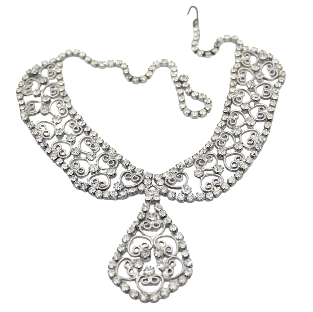 Coming Soon Vintage Juliana Clear Rhinestone Heart Scroll Necklace Book Piece IIJJ #9234
