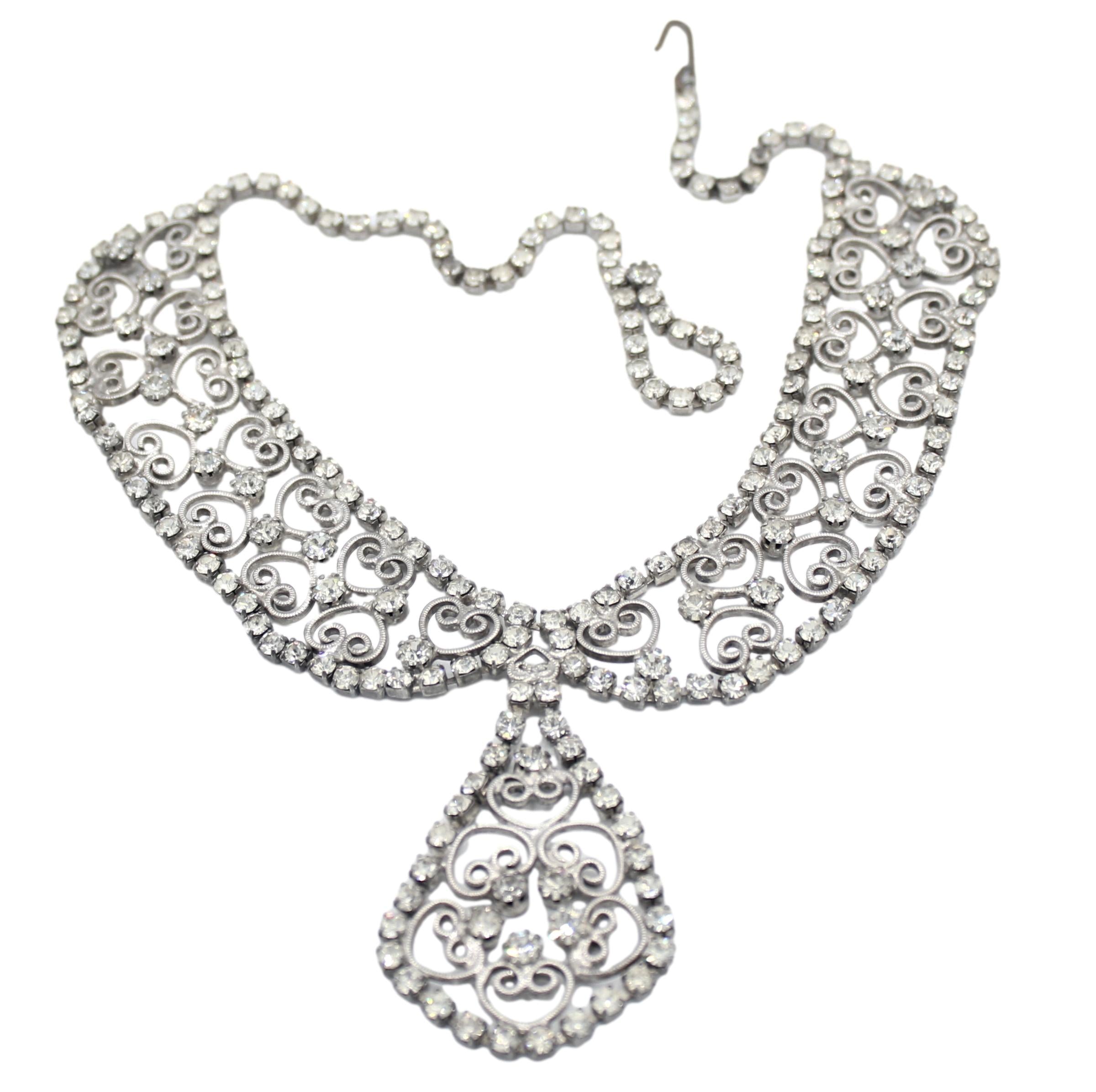 Coming Soon Vintage Juliana Clear Rhinestone Heart Scroll Necklace Book Piece IIJJ #9234