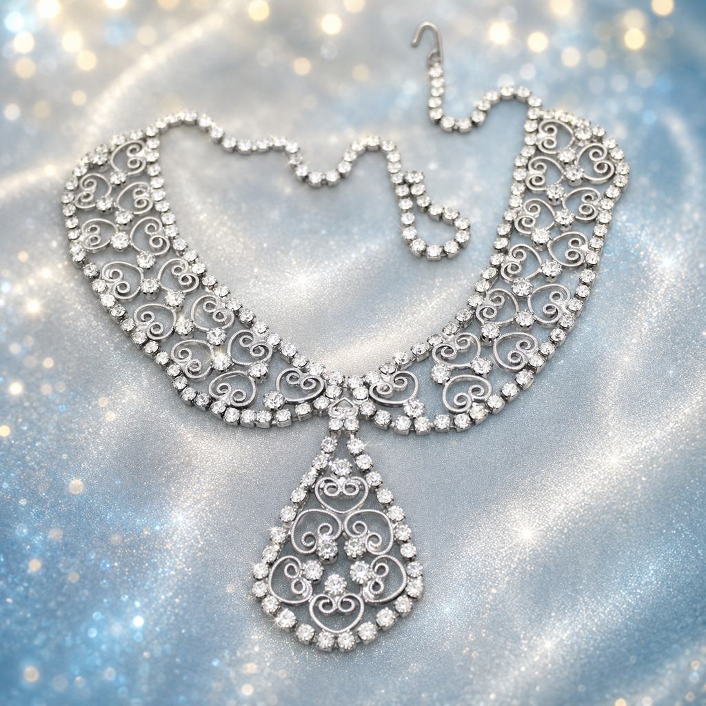 Vintage Juliana Clear Rhinestone Heart Scroll Necklace Book Piece IIJJ #9234