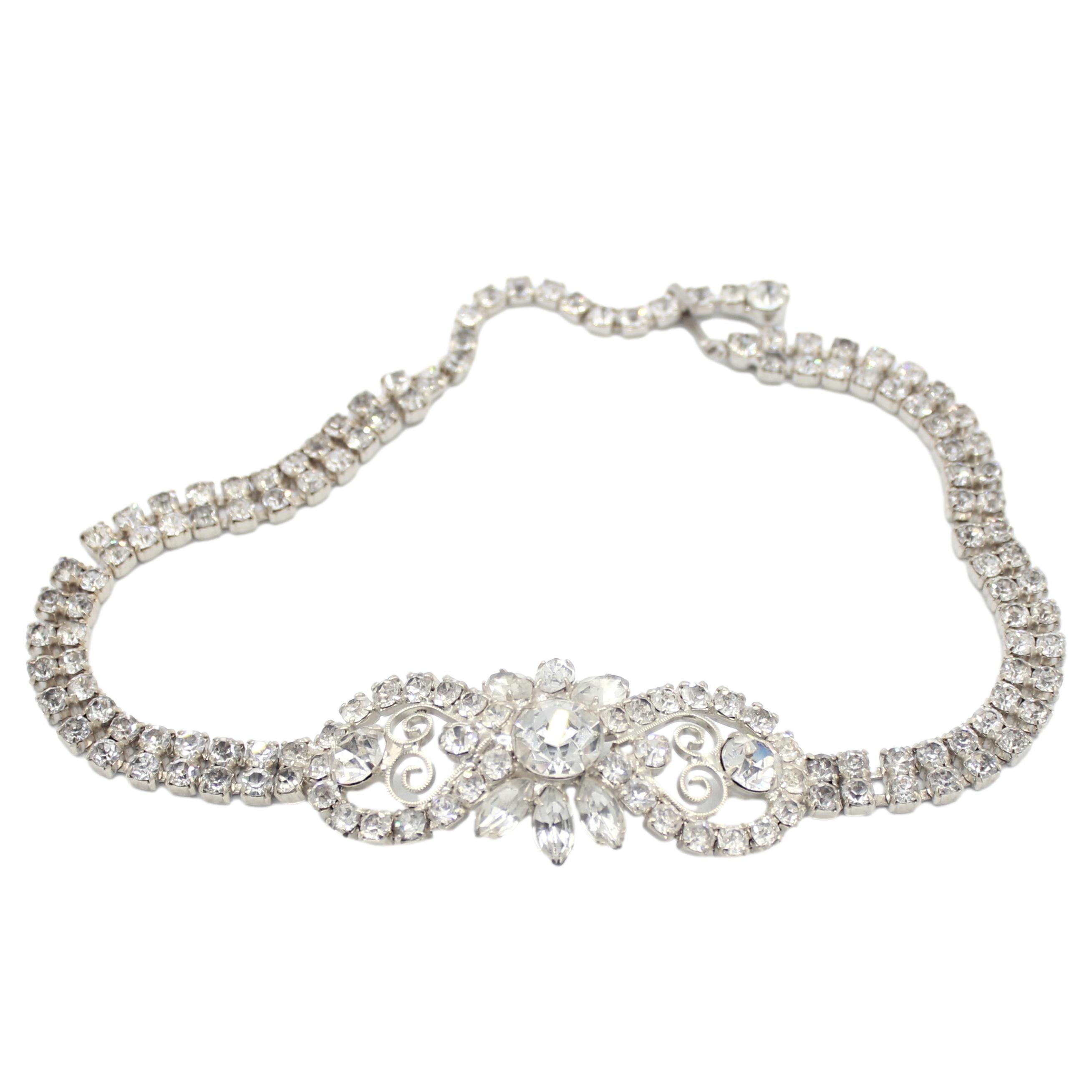 Vintage Juliana Heart Scroll Clear Rhinestone Necklace  IIJJ#6166