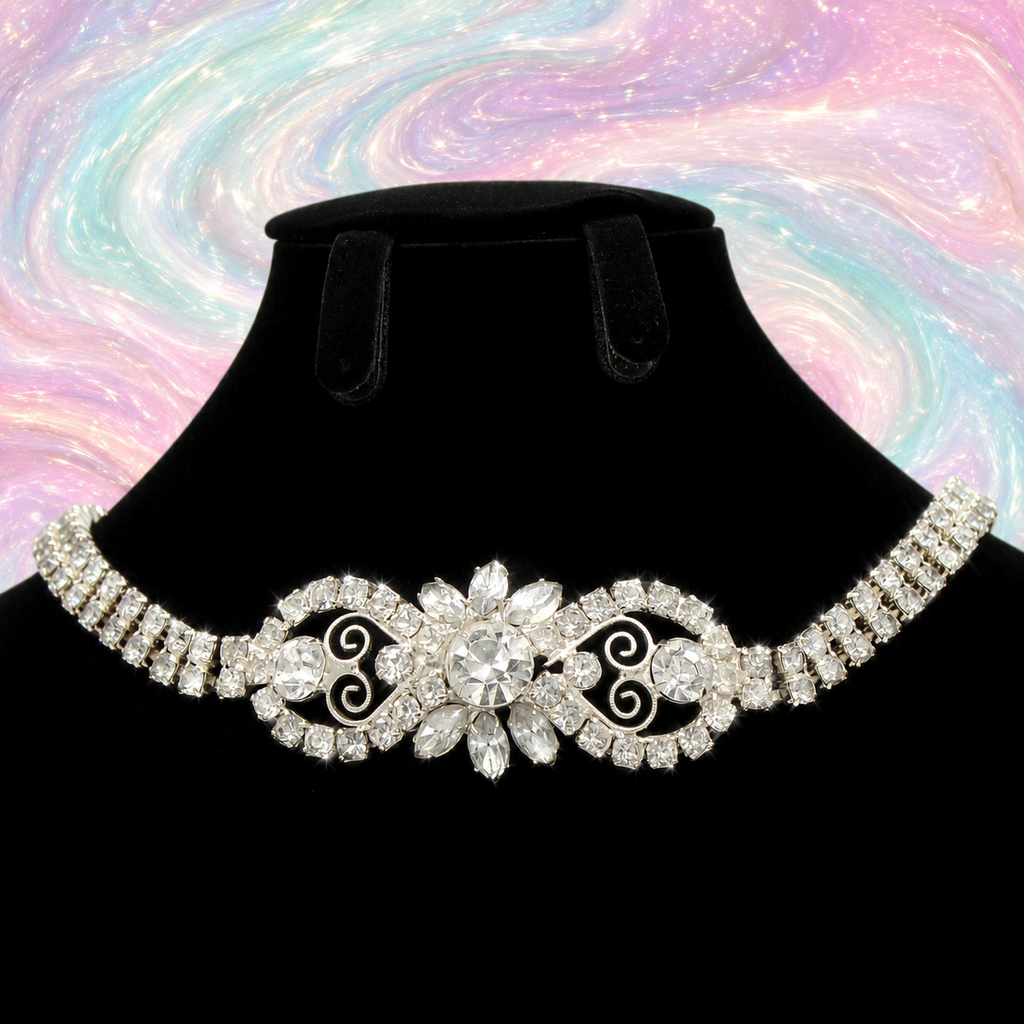 Vintage Juliana Heart Scroll Clear Rhinestone Necklace  IIJJ#6166