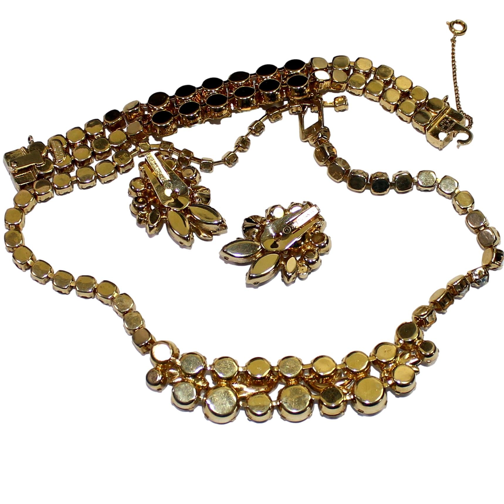 Vintage EISENBERG ICE Clear Rhinestone Leaf Necklace Bracelet Earrings Set