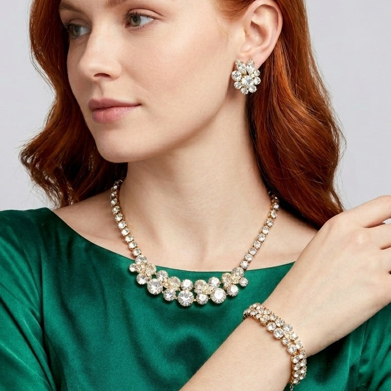 Vintage EISENBERG ICE Clear Rhinestone Leaf Necklace Bracelet Earrings Set