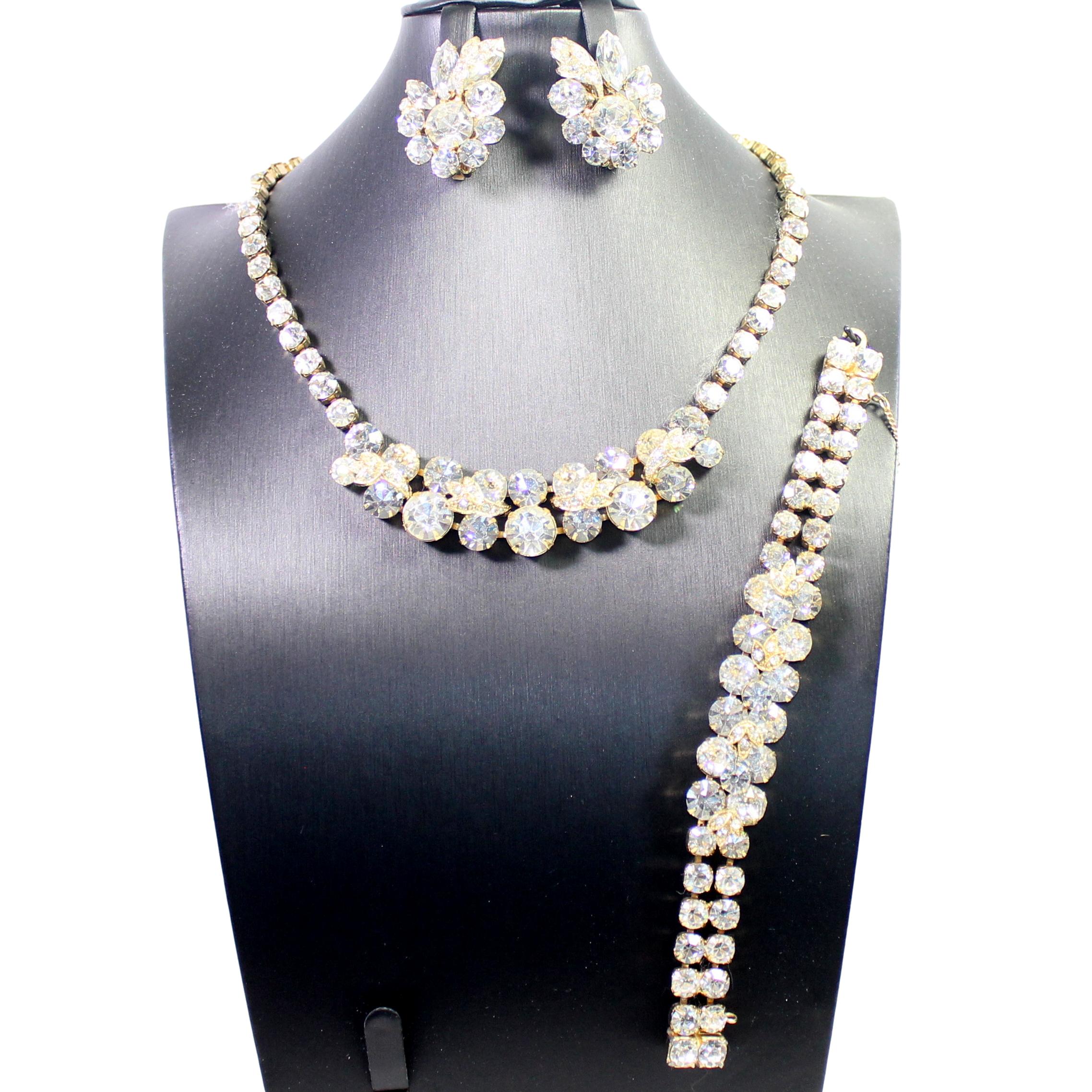 Vintage EISENBERG ICE Clear Rhinestone Leaf Necklace Bracelet Earrings Set