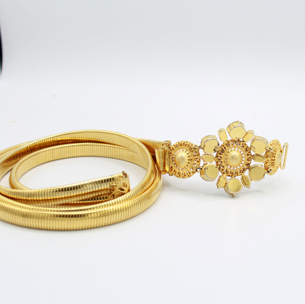 Vintage SCHREINER Triple Station Clear Rhinestone Filigree Stretch buckle Belt