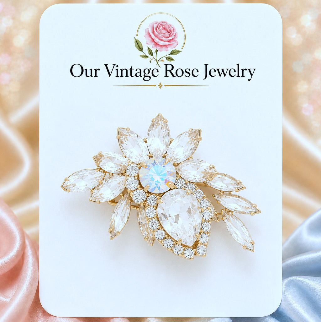Vintage Juliana Clear Rhinestone Large Pear Floral Brooch IIJJ #9327
