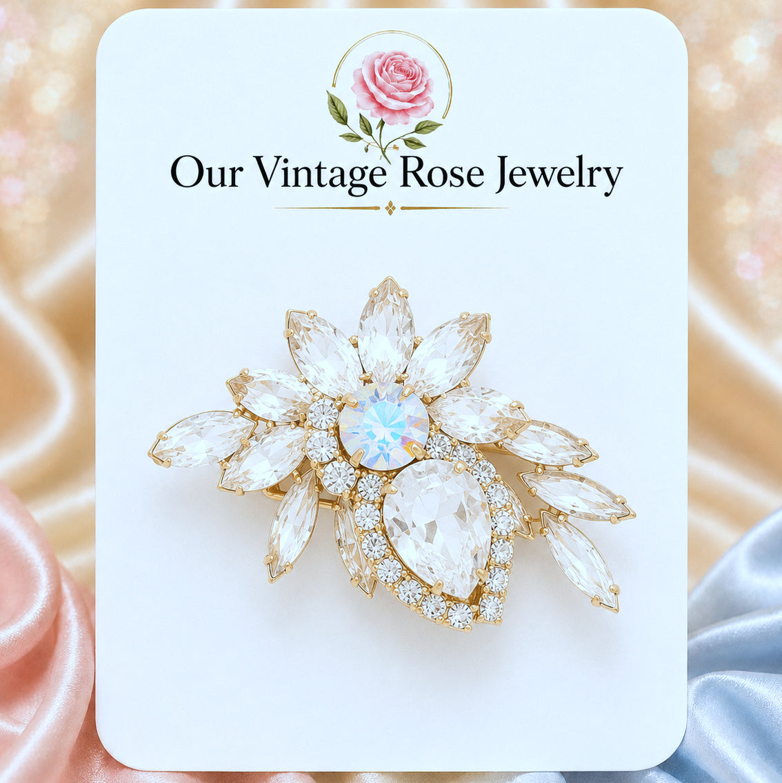 Vintage Juliana Clear Rhinestone Large Pear Floral Brooch IIJJ #9327