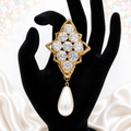 Vintage Juliana Clear Rhinestone Faux Pearl Dangle Brooch IIJJ#8382