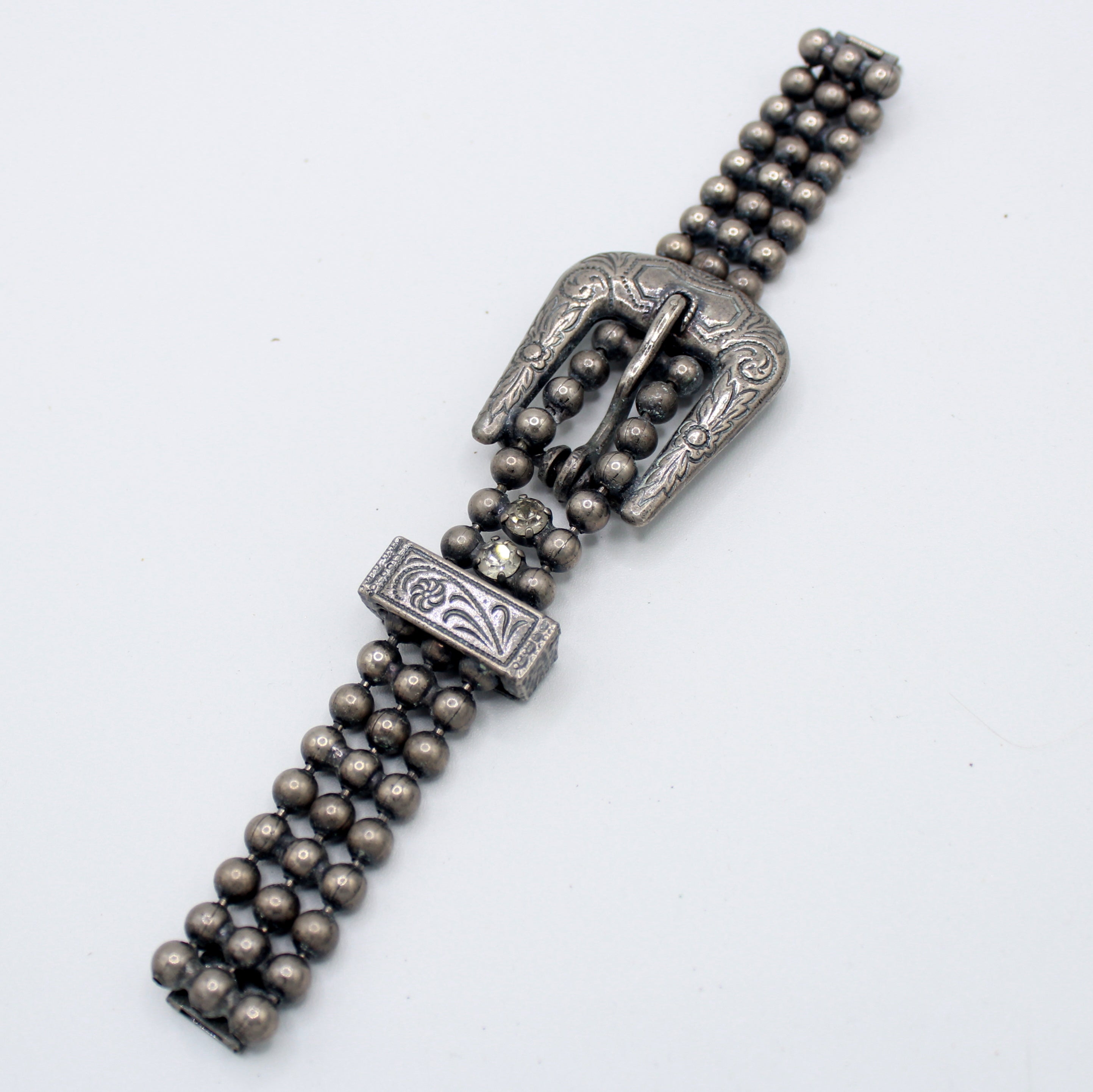 Vintage Juliana Western Buckle Ball Chain Clear Rhinestone Bracelet IIJJ#8725