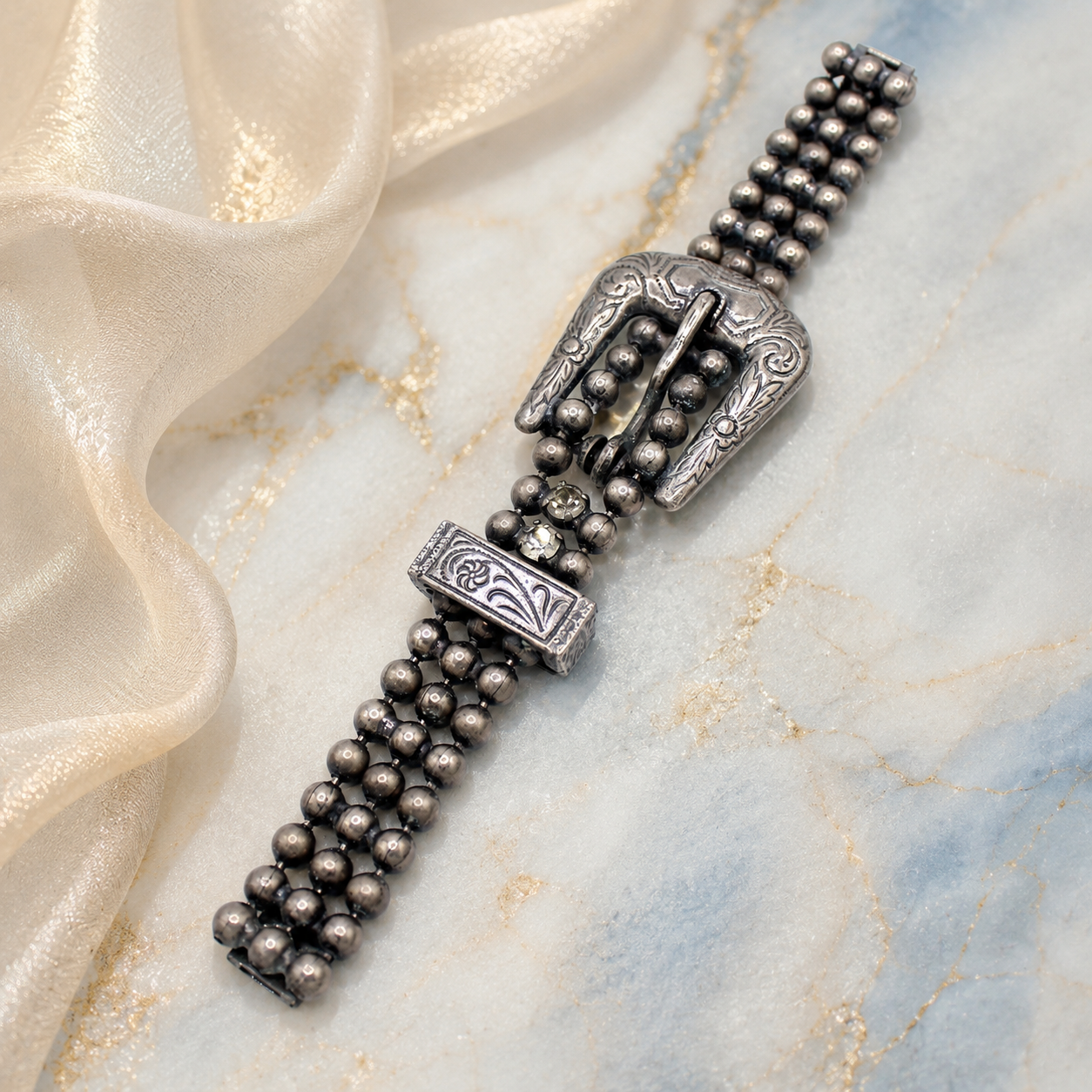 Vintage Juliana Western Buckle Ball Chain Clear Rhinestone Bracelet IIJJ#8725