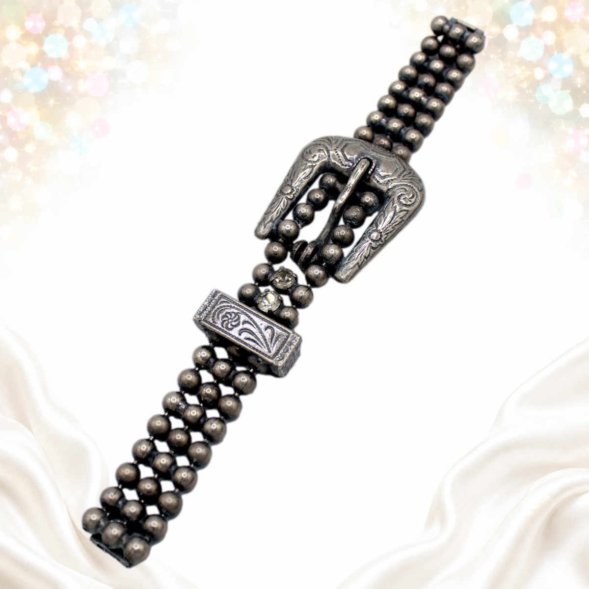Vintage Juliana Western Buckle Ball Chain Clear Rhinestone Bracelet IIJJ#8725