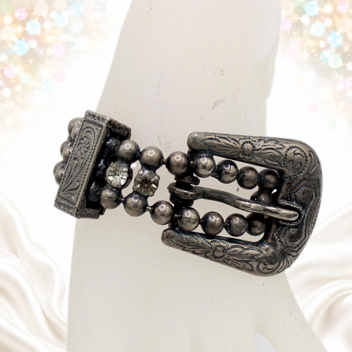 Vintage Juliana Western Buckle Ball Chain Clear Rhinestone Bracelet IIJJ#8725