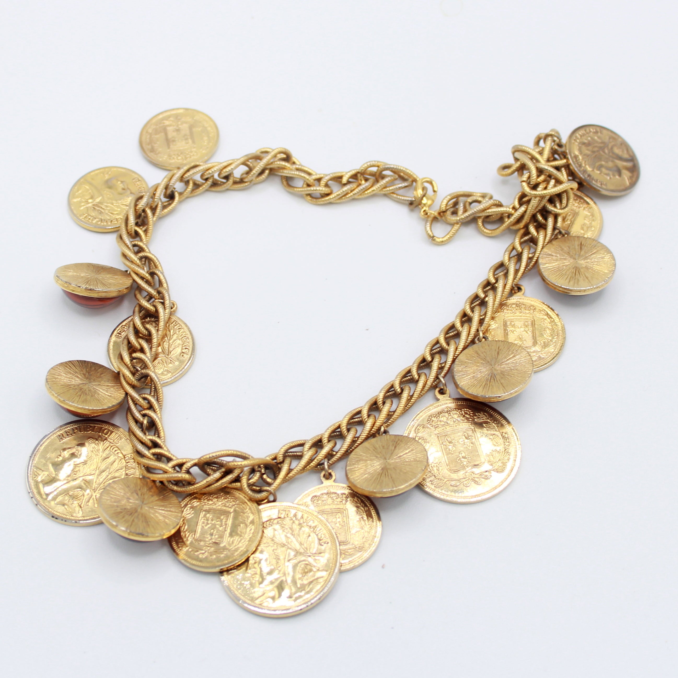 Vintage Juliana Faux Ancient Coin & Topaz Cabochon Charm Necklace IIJJ#9103