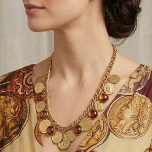 Vintage Juliana Faux Ancient Coin & Topaz Cabochon Charm Necklace IIJJ#9103