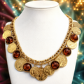 Vintage Juliana Faux Ancient Coin & Topaz Cabochon Charm Necklace IIJJ#9103