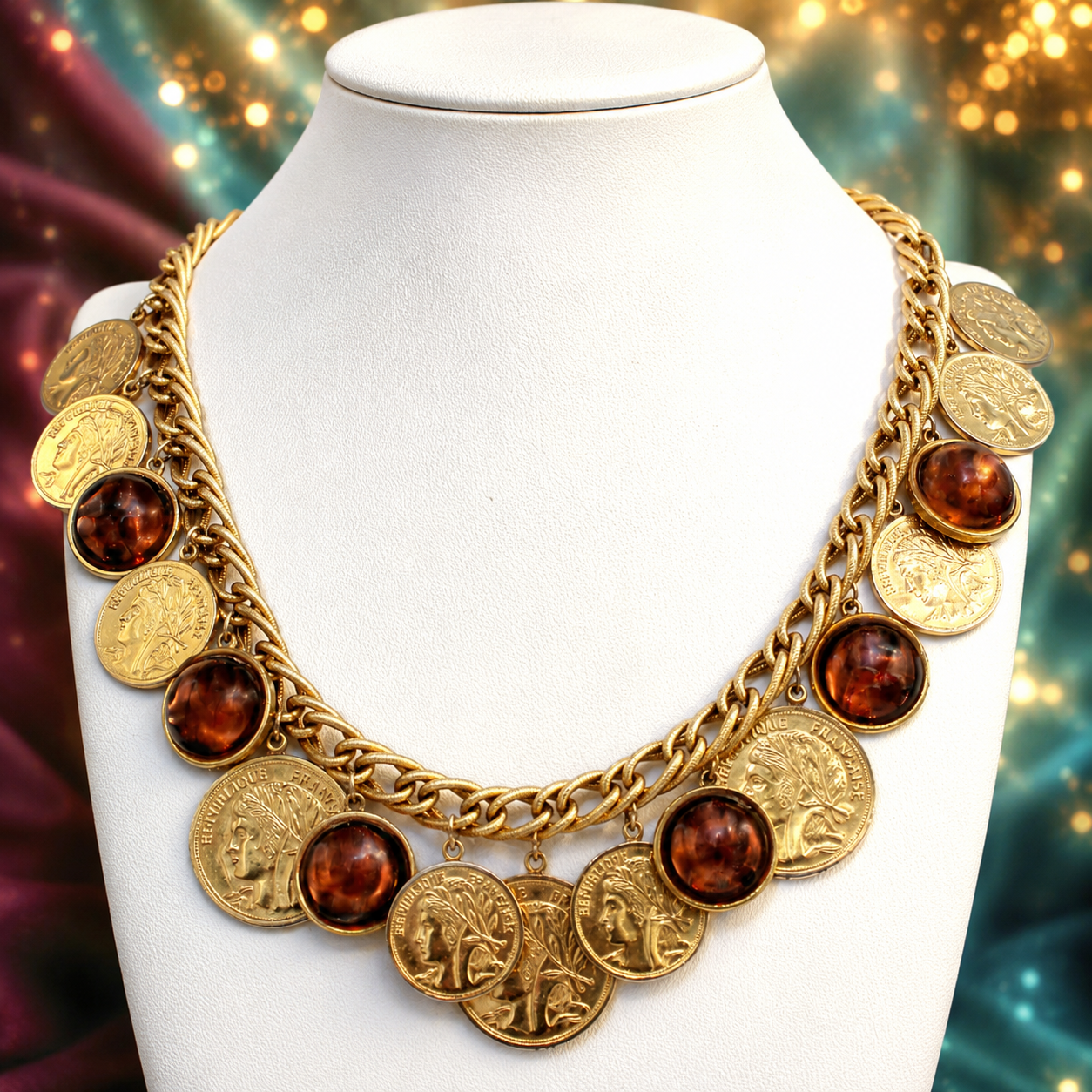 Vintage Juliana Faux Ancient Coin & Topaz Cabochon Charm Necklace IIJJ#9103
