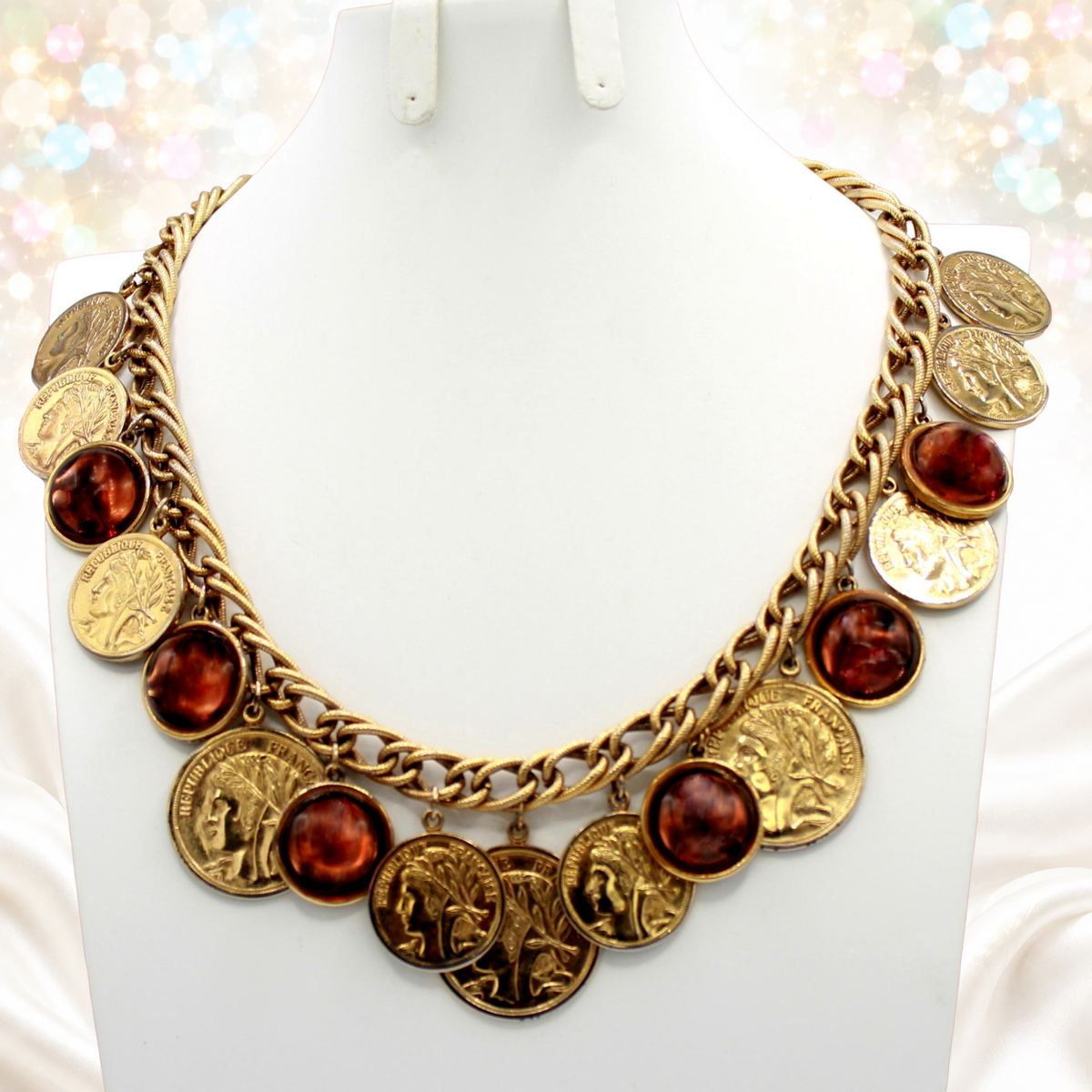 Vintage Juliana Faux Ancient Coin & Topaz Cabochon Charm Necklace IIJJ#9103