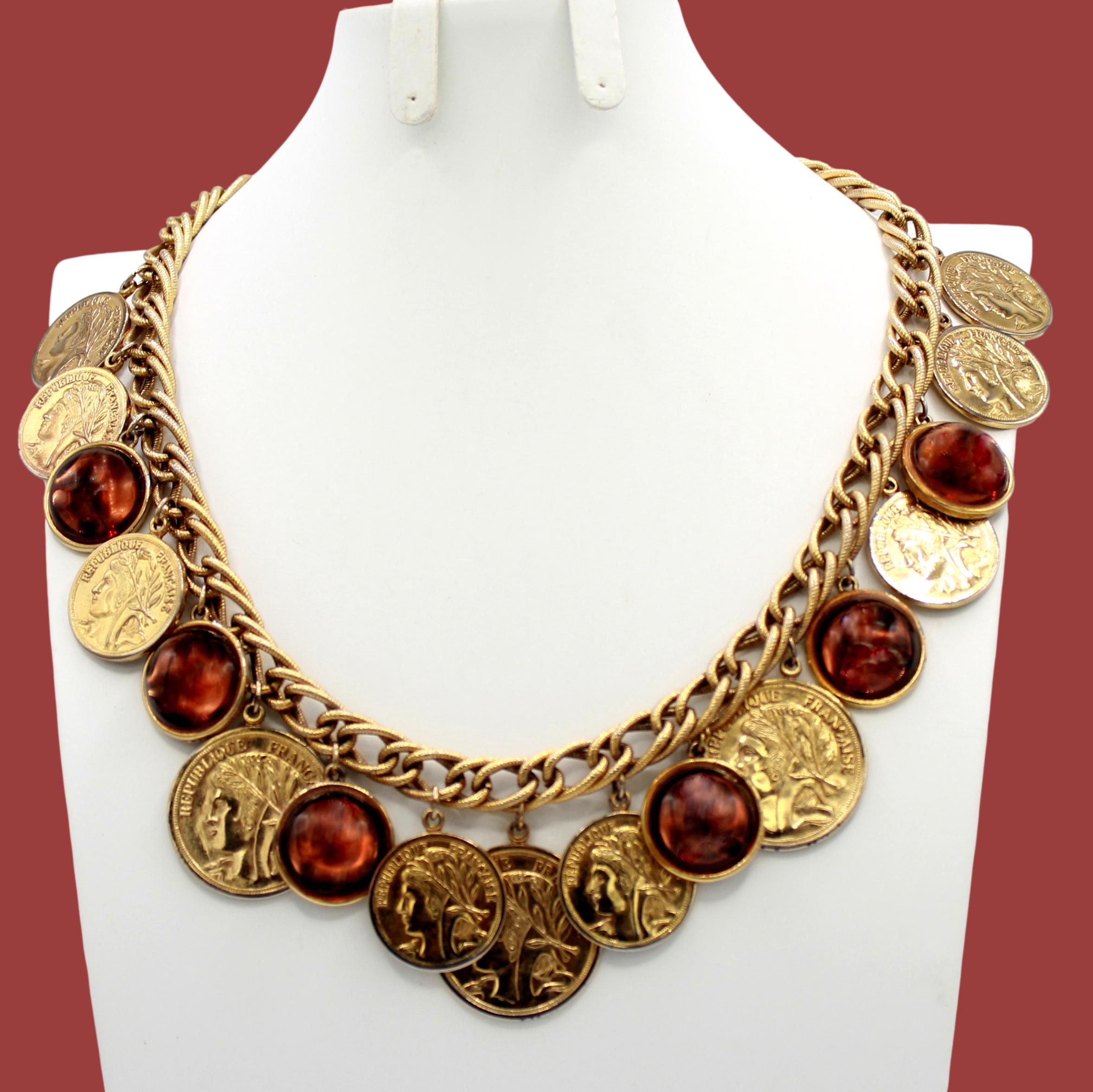 Vintage Juliana Faux Ancient Coin & Topaz Cabochon Charm Necklace IIJJ#9103
