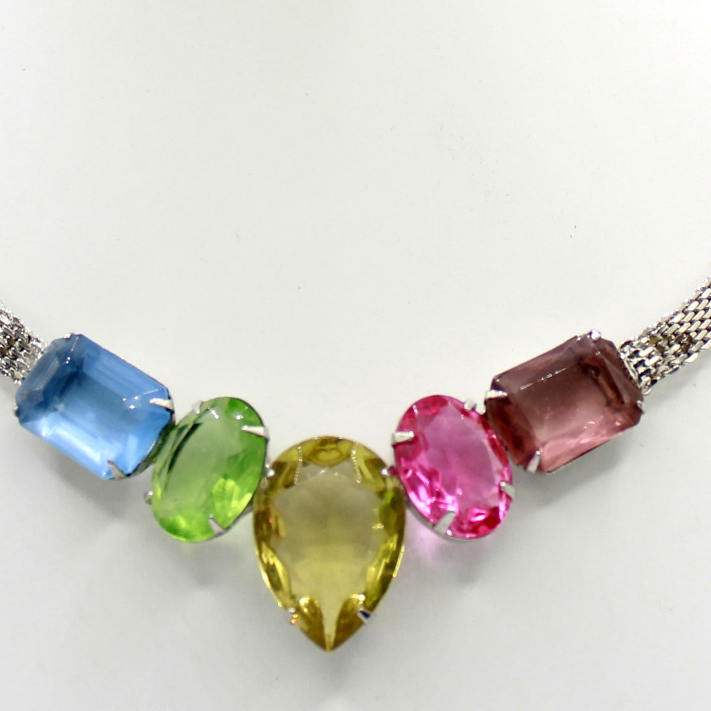 Vintage JULIANA Colorful Pink Green Blue Rhinestone Mesh Necklace IIJJ#8741