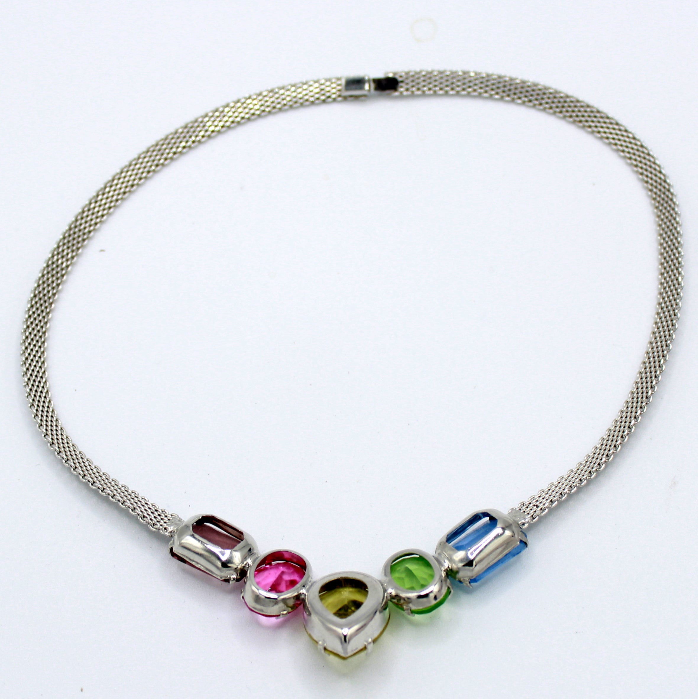 Vintage JULIANA Colorful Pink Green Blue Rhinestone Mesh Necklace IIJJ#8741