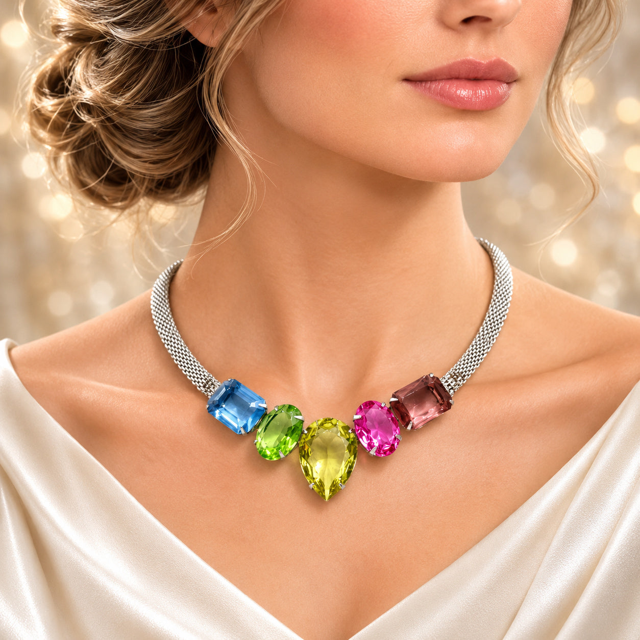 Vintage JULIANA Colorful Pink Green Blue Rhinestone Mesh Necklace IIJJ#8741