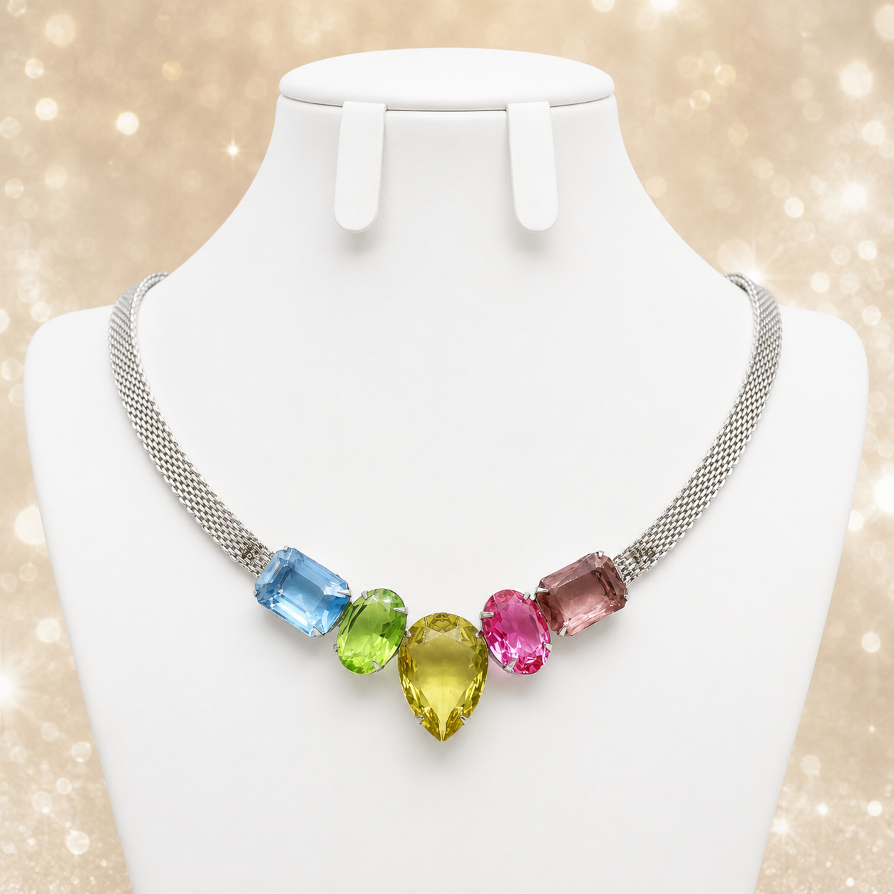 Vintage JULIANA Colorful Pink Green Blue Rhinestone Mesh Necklace IIJJ#8741