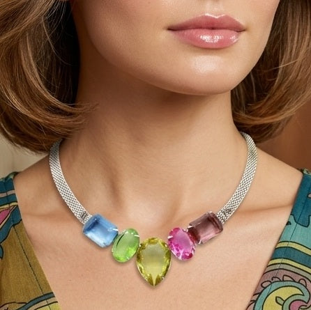 Vintage JULIANA Colorful Pink Green Blue Rhinestone Mesh Necklace IIJJ#8741