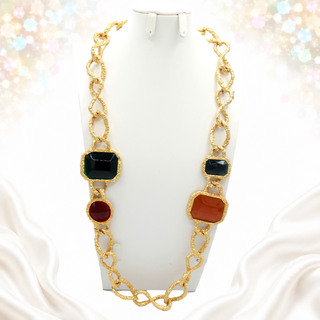 Vintage Les Bernard Style Green Amber Red Glass Statement Necklace