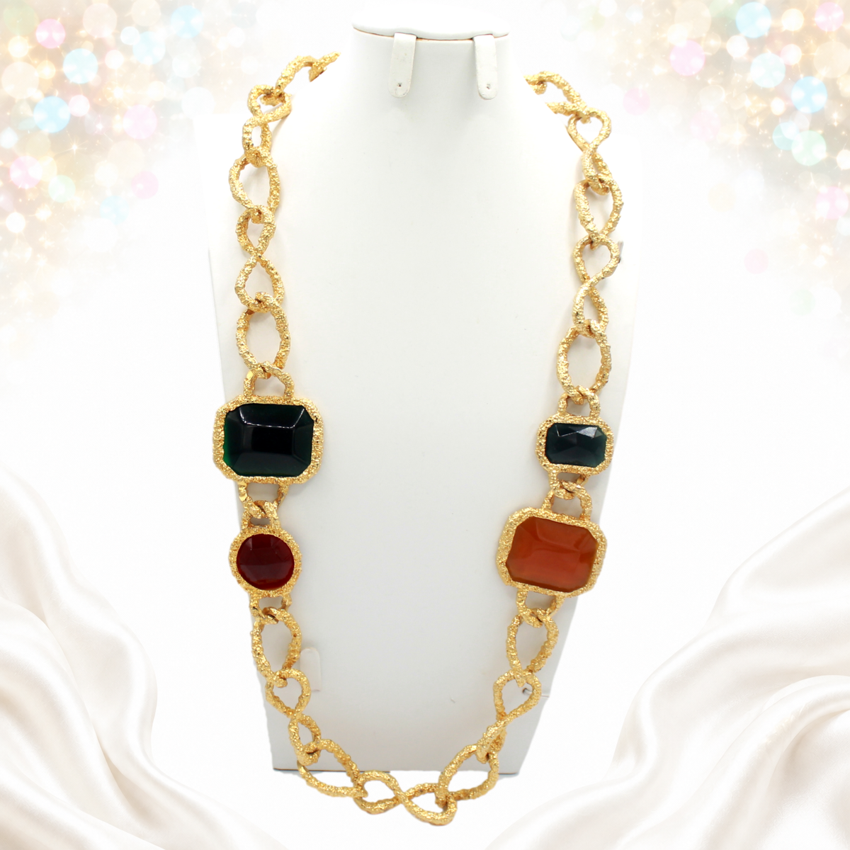 Vintage Les Bernard Style Green Amber Red Glass Statement Necklace