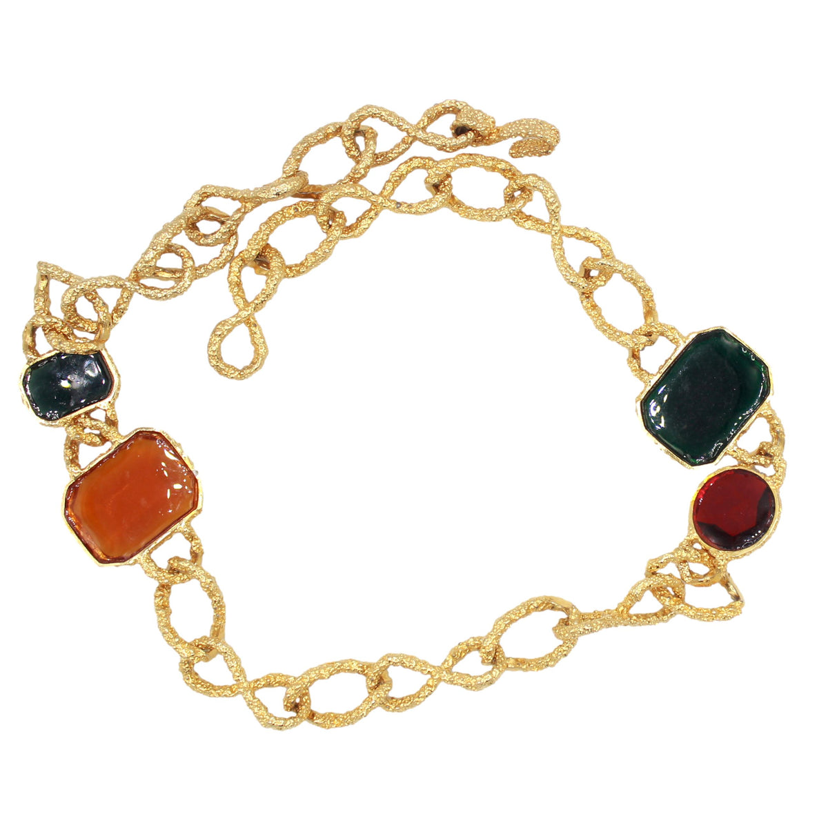 Vintage Les Bernard Style Green Amber Red Glass Statement Necklace