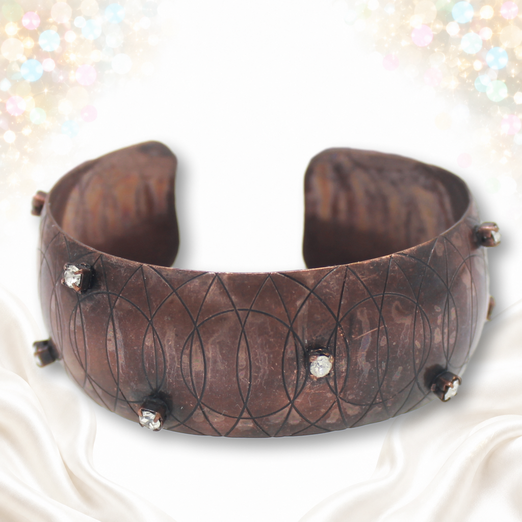 Front of Juliana copper-tone circle-engraved rhinestone cuff bracelet IIJJ#9773