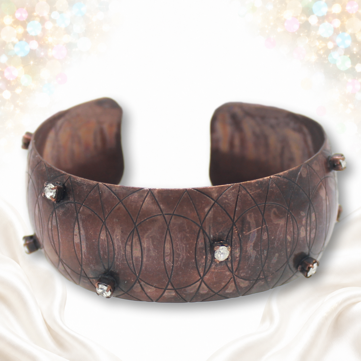 Front of Juliana copper-tone circle-engraved rhinestone cuff bracelet IIJJ#9773