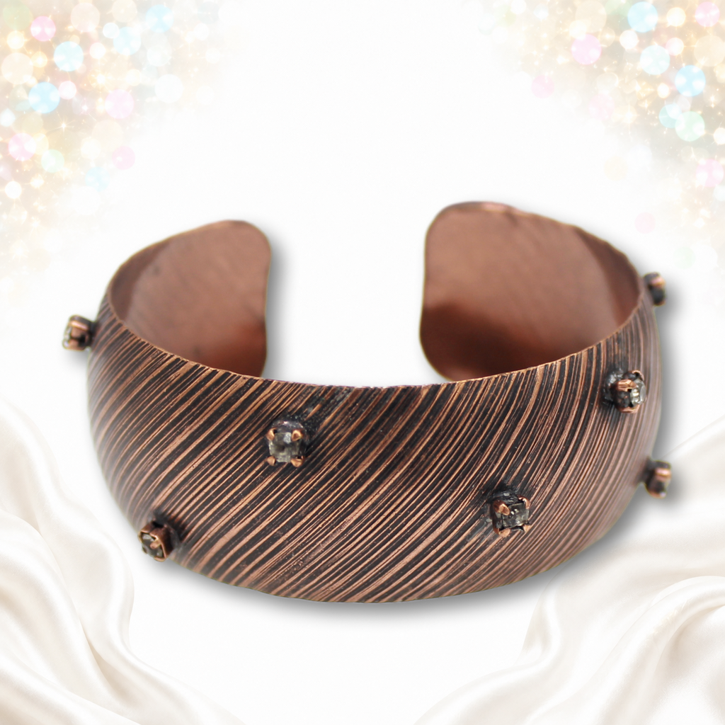 Front of Juliana copper-tone diagonal-striped rhinestone cuff IIJJ#9774