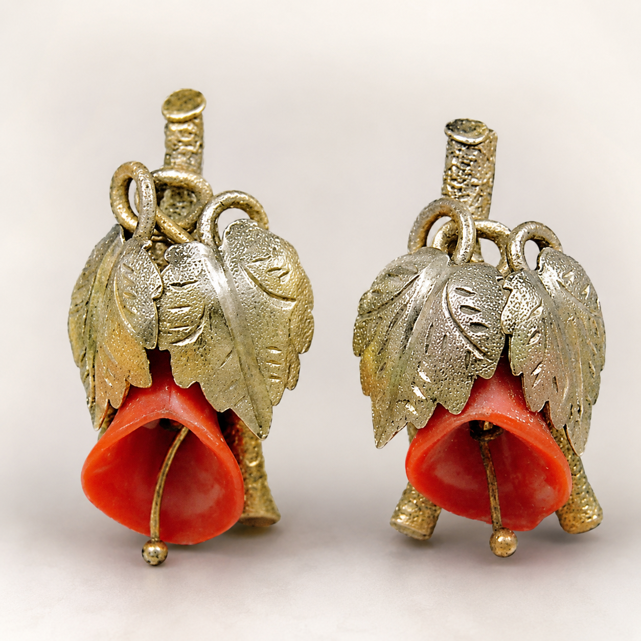 Victorian Gold Carved Red Coral CALLA LILY Flower Earrings 12Kt &  1/20 12KGF