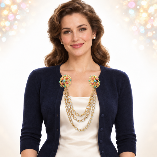 Styling composite showing the actual Juliana sweater guard on a navy cardigan