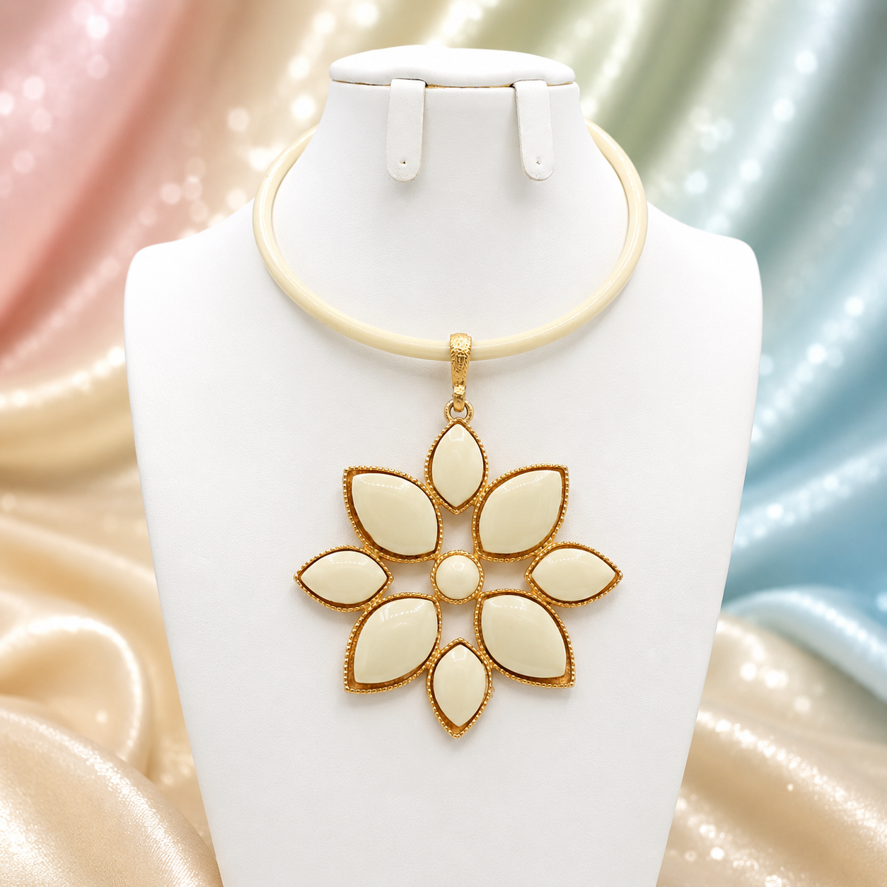 Vintage JULIANA Cream Heat Formed Plastic Figural Flower Pendant Neckring Necklace IIJJ#8628