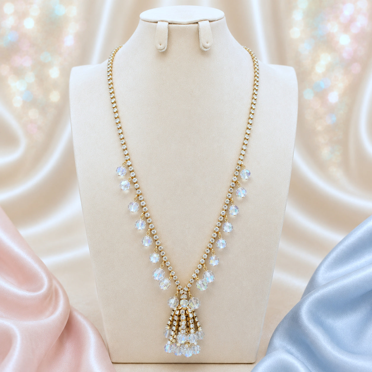 Vintage Juliana Clear Rhinestone AB Crystal Bead Tassel Necklace IIJJ#9313