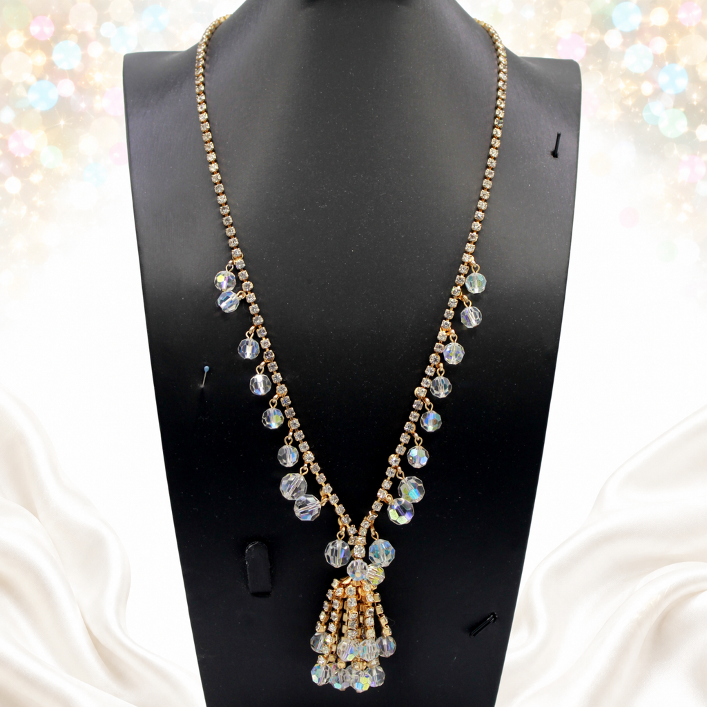 Vintage Juliana Clear Rhinestone AB Crystal Bead Tassel Necklace IIJJ#9313