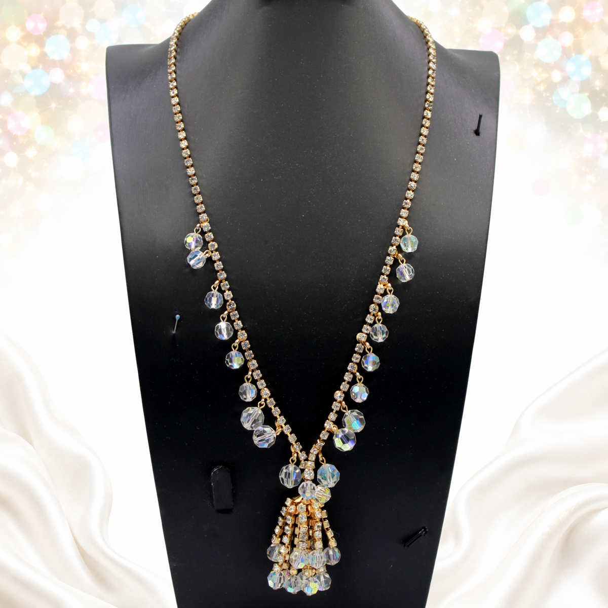 Vintage Juliana Clear Rhinestone AB Crystal Bead Tassel Necklace IIJJ#9313