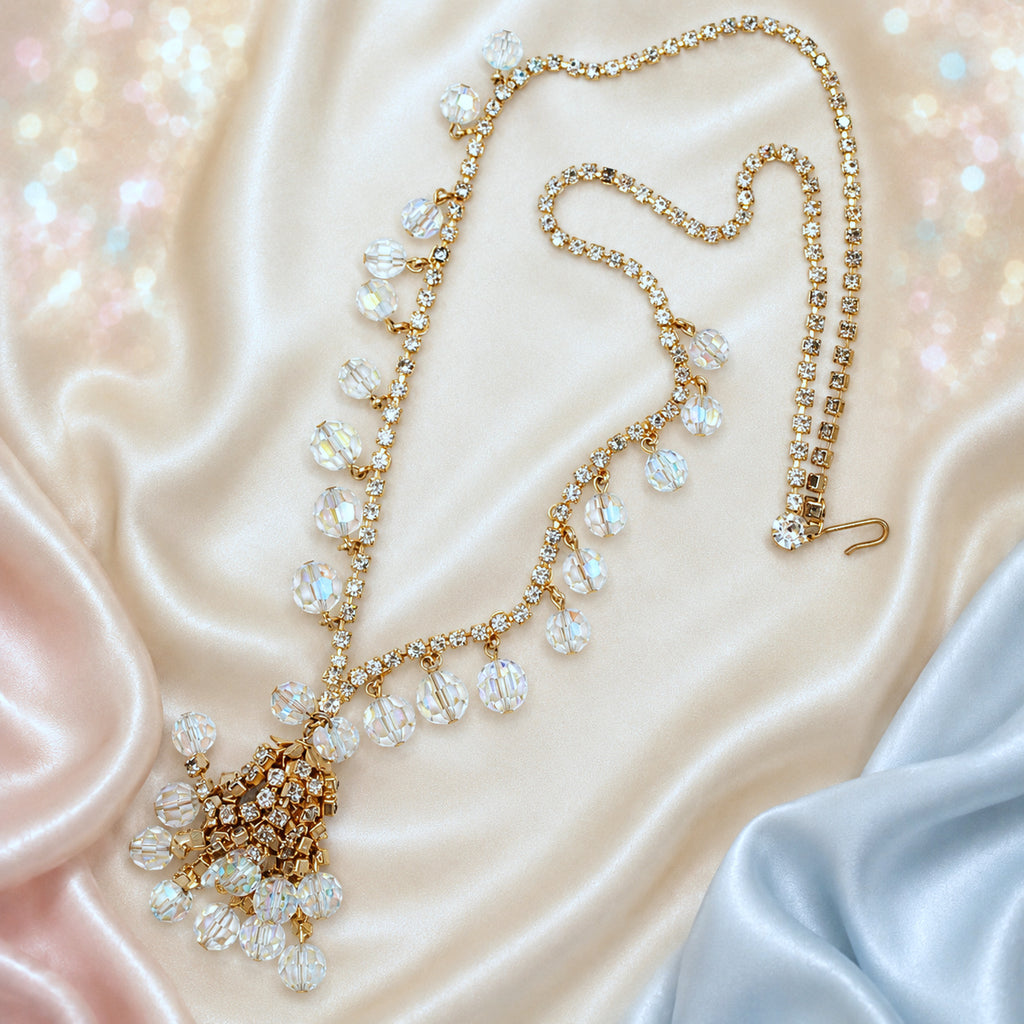 Vintage Juliana Clear Rhinestone AB Crystal Bead Tassel Necklace IIJJ#9313
