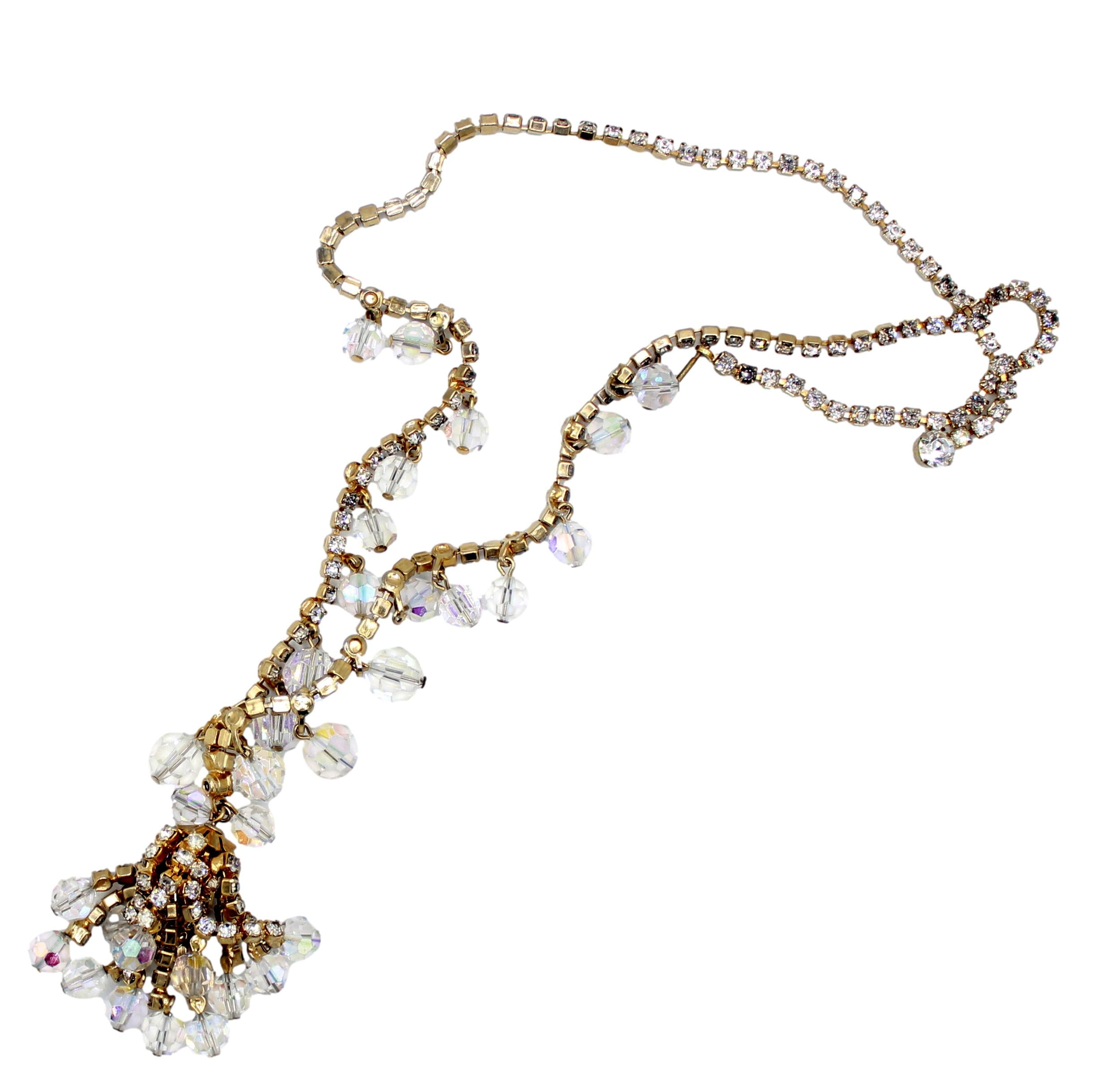 Vintage Juliana Clear Rhinestone AB Crystal Bead Tassel Necklace IIJJ#9313