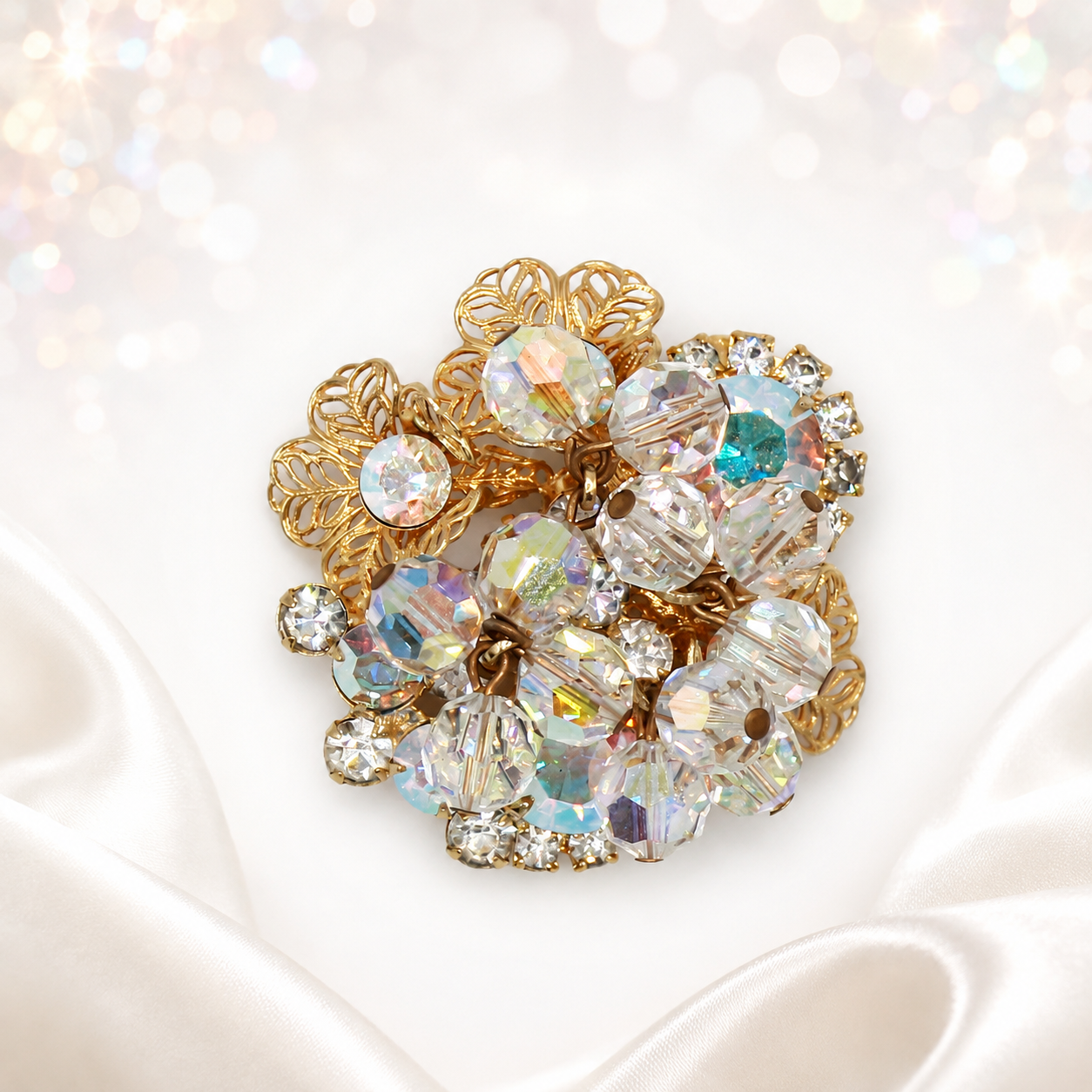 Vintage Juliana AB Crystal Bead Rhinestone Filigree Cha-Cha Brooch IIJJ#9394