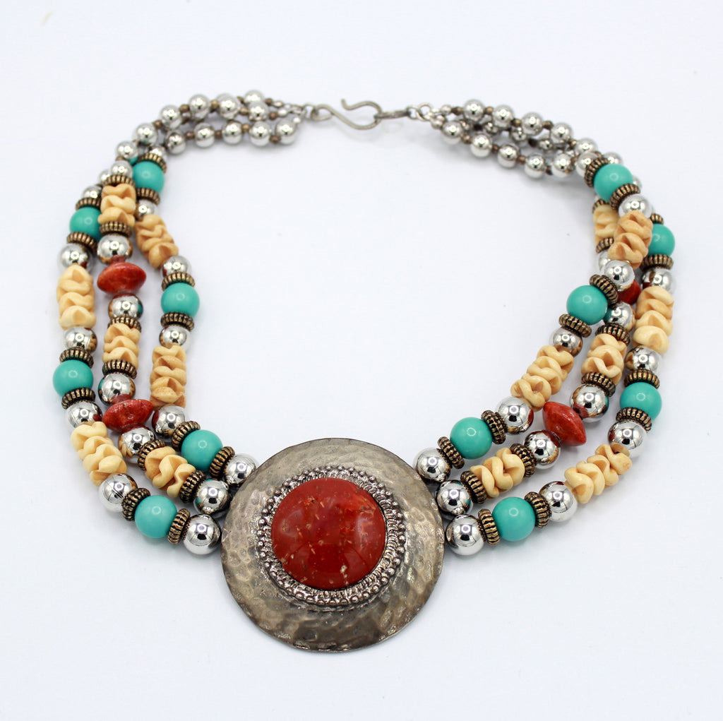 Vintage JULIANA for Dauplaise Carnelian Cab Medallion Bead Southwestern Necklace  IIJJ#9055