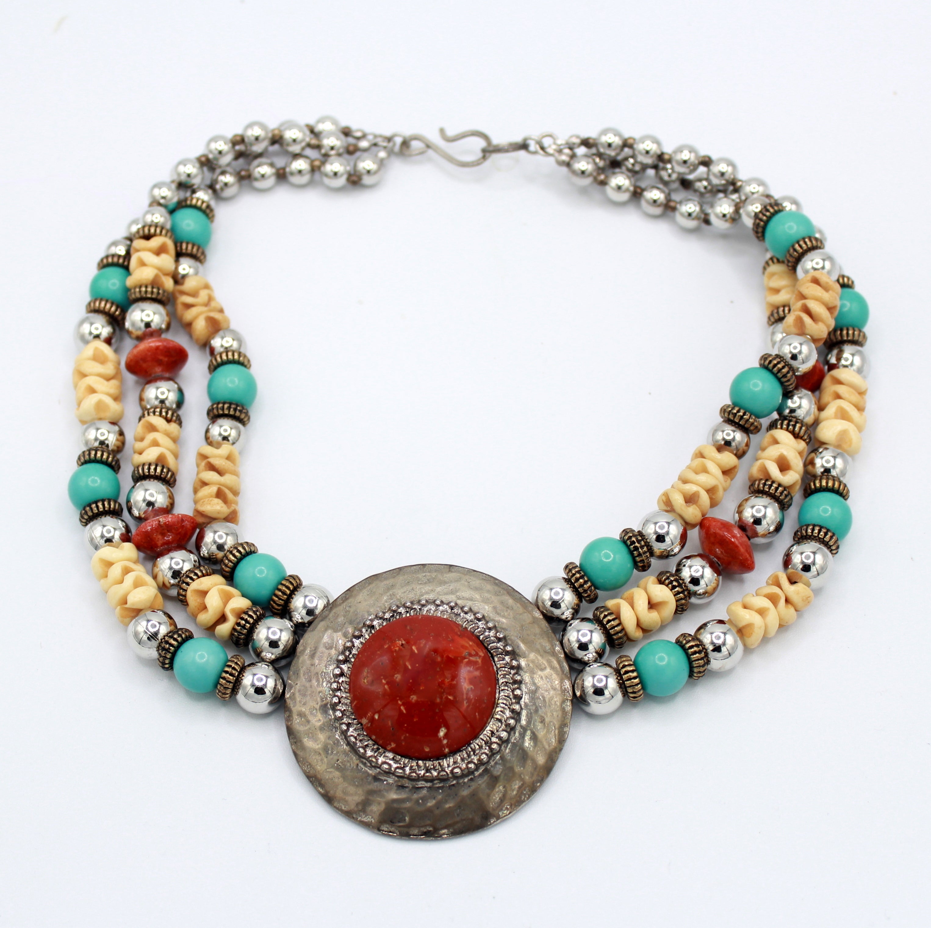 Vintage JULIANA for Dauplaise Carnelian Cab Medallion Bead Southwestern Necklace  IIJJ#9055