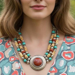 Vintage JULIANA for Dauplaise Carnelian Cab Medallion Bead Southwestern Necklace  IIJJ#9055