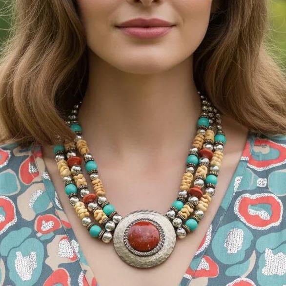 Vintage JULIANA for Dauplaise Carnelian Cab Medallion Bead Southwestern Necklace  IIJJ#9055