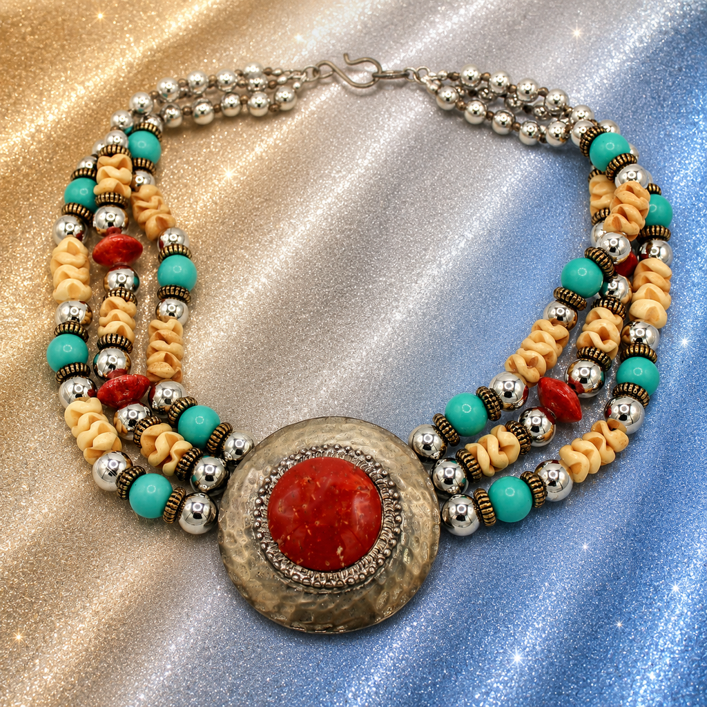 Vintage JULIANA for Dauplaise Carnelian Cab Medallion Bead Southwestern Necklace  IIJJ#9055
