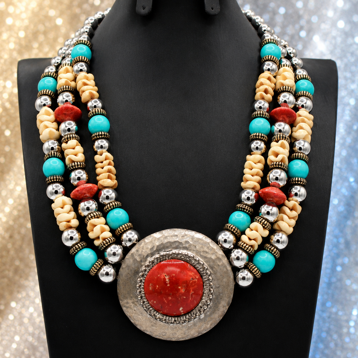 Vintage JULIANA for Dauplaise Carnelian Cab Medallion Bead Southwestern Necklace  IIJJ#9055