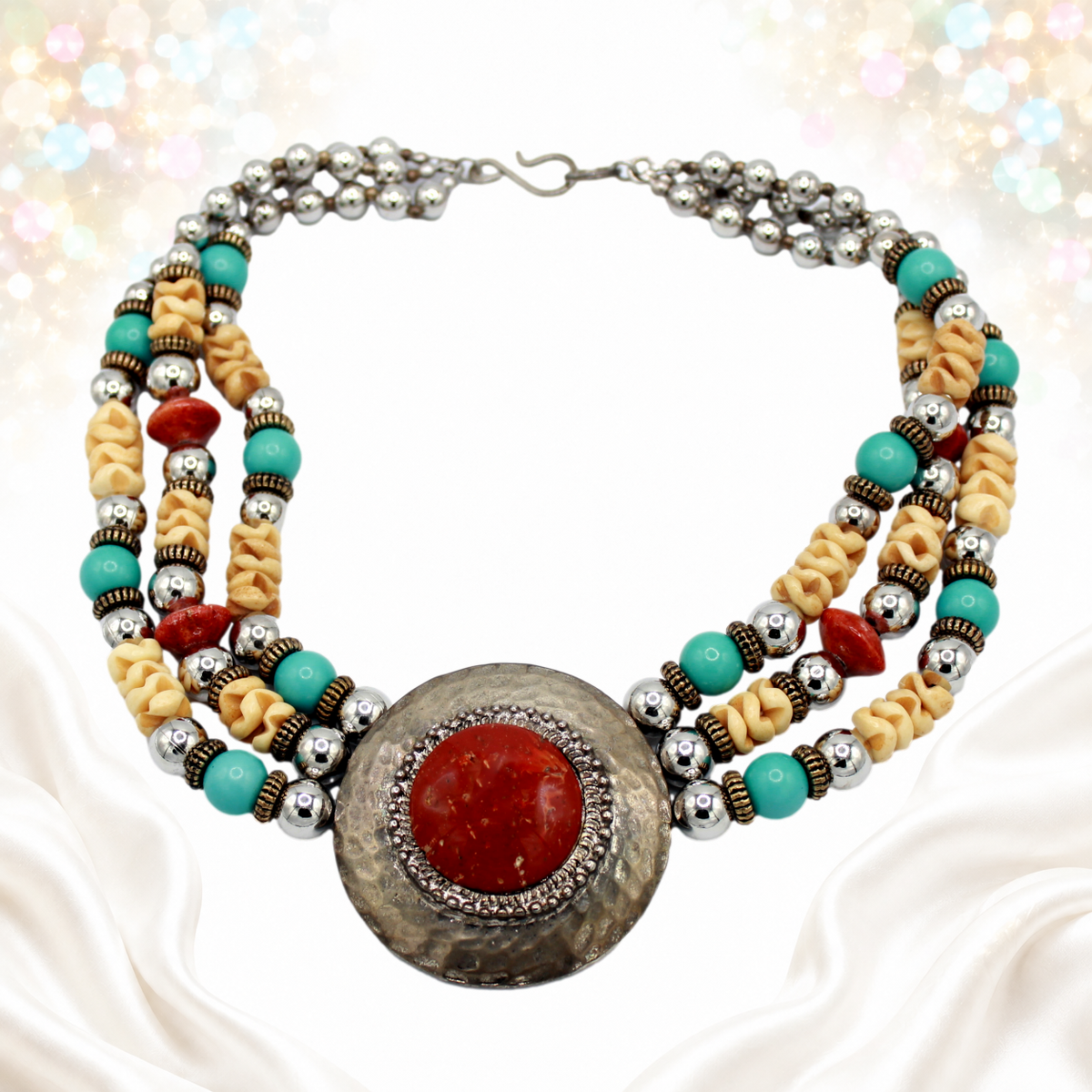 Vintage JULIANA for Dauplaise Carnelian Cab Medallion Bead Southwestern Necklace IIJJ#9955