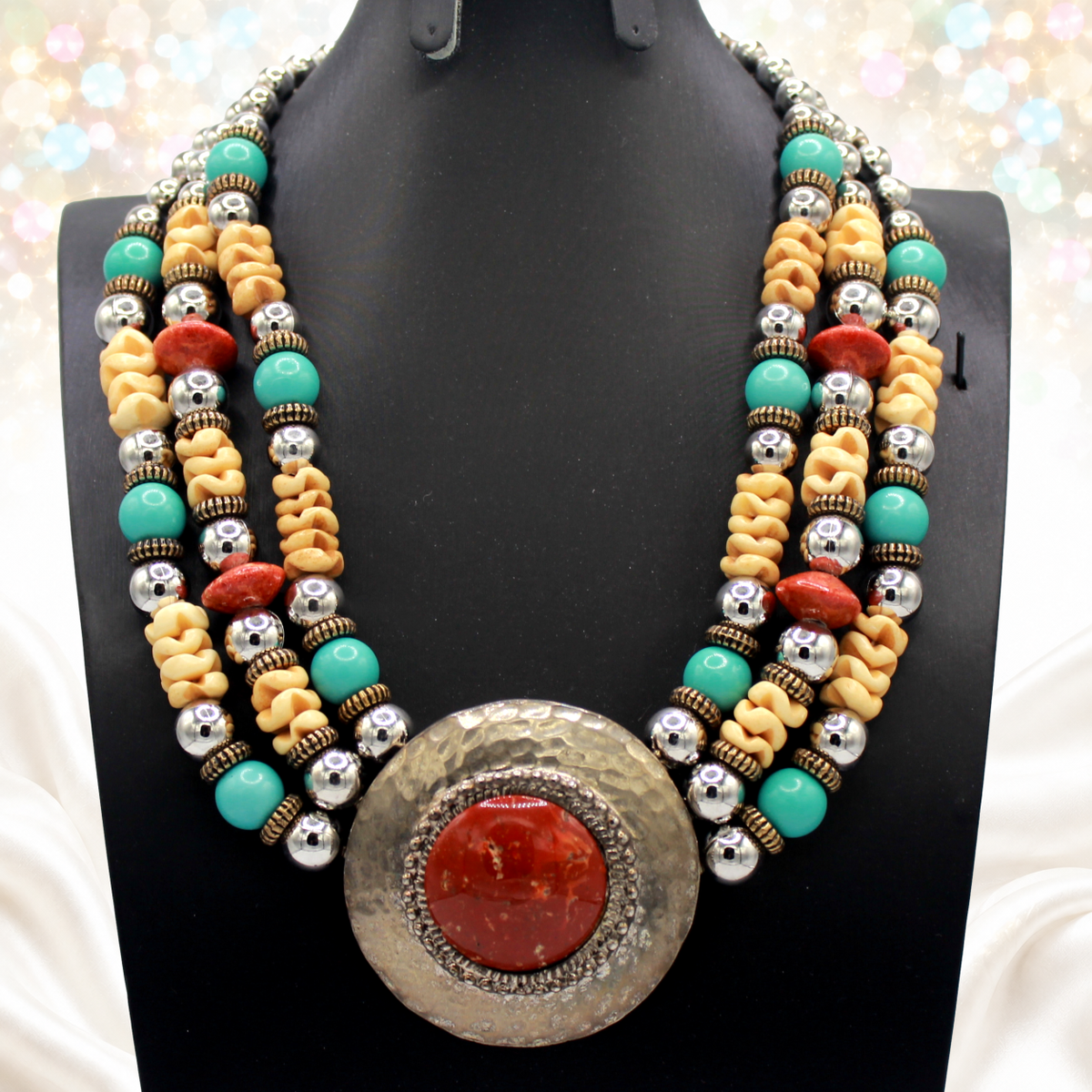 Vintage JULIANA for Dauplaise Carnelian Cab Medallion Bead Southwestern Necklace IIJJ#9955